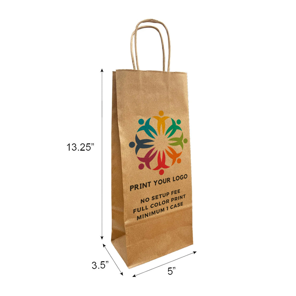 Custom printed Wine kraft paper bag with twist handles, 5 x 3.5 x 13.25