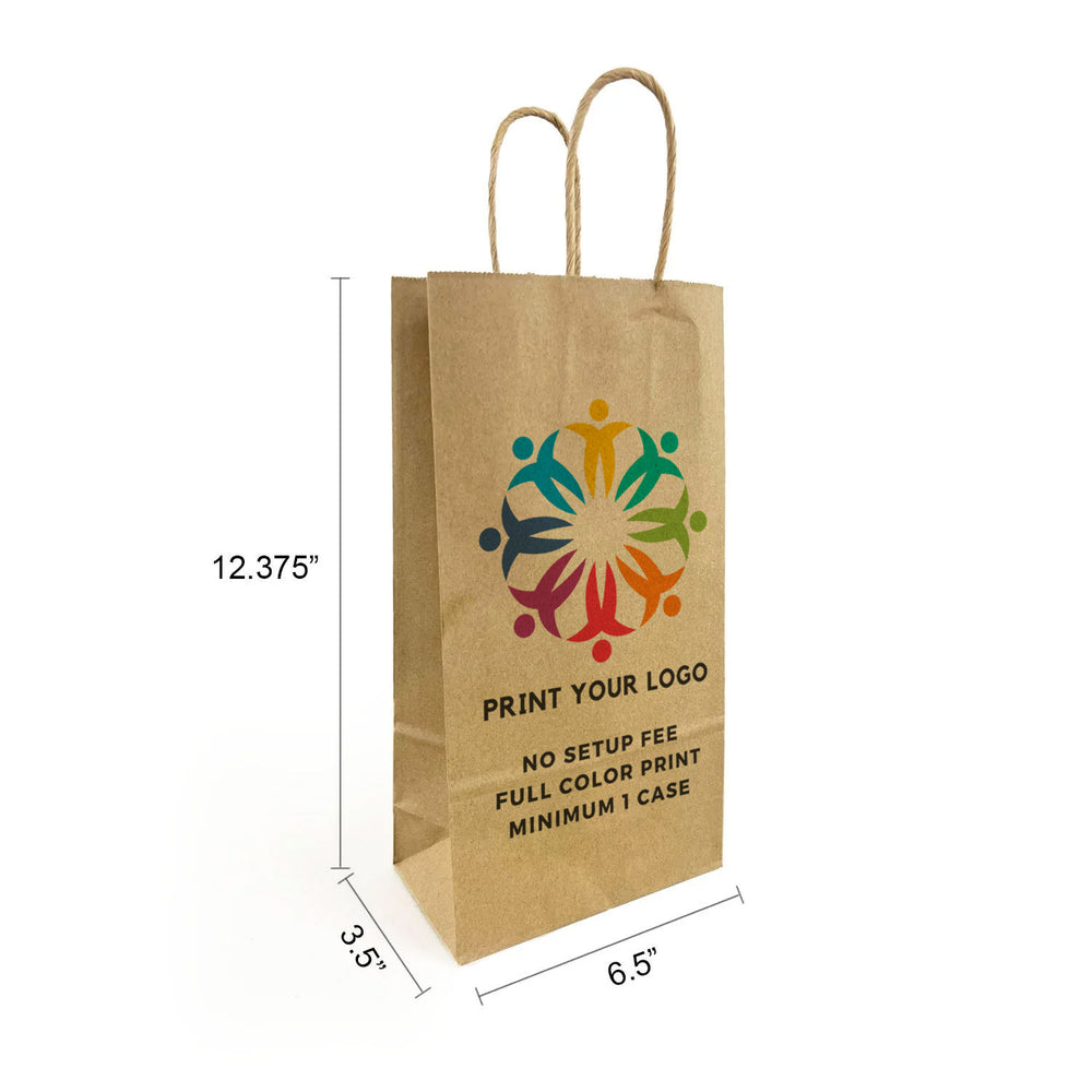 Custom printed Double Wine kraft paper bag with twist handles, 6.5 x 3.5 x 12.375