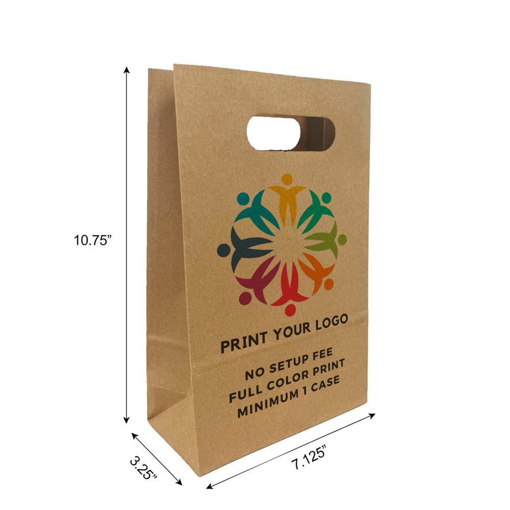Custom printed Snack kraft paper bag with die-cut handles, 7.125 x 3.25 x 10.75