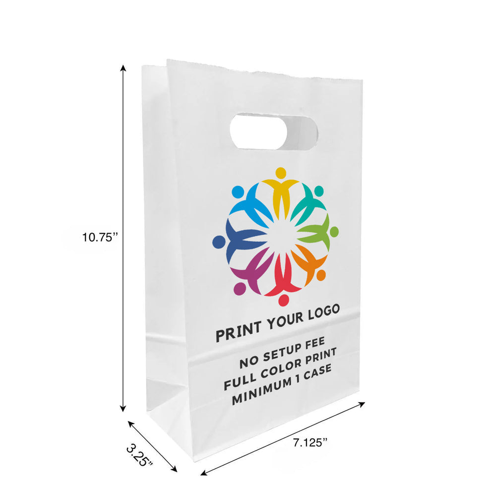 Custom printed Snack white paper bag with die-cut handles, 7.125 x 3.25 x 10.75