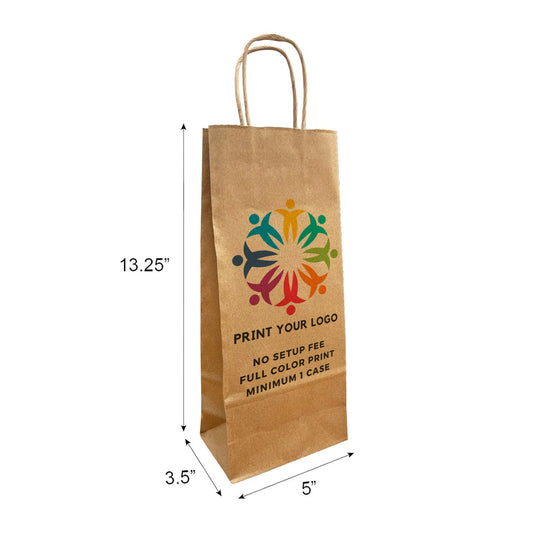 Custom printed Wine kraft paper bag with twist handles, 5 x 3.5 x 13.25