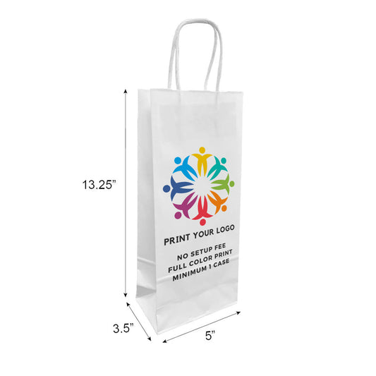 Custom printed Wine white paper bag with twist handles, 5 x 3.5 x 13.25
