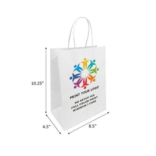 Custom printed Cub white paper bag with twist handles, 8.5 x 4.75 x 10.25